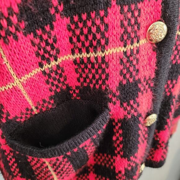 Karen Scott Petites Plaid Wool Blend Cardigan PL Red Black Gold Buttons - Picture 6 of 14